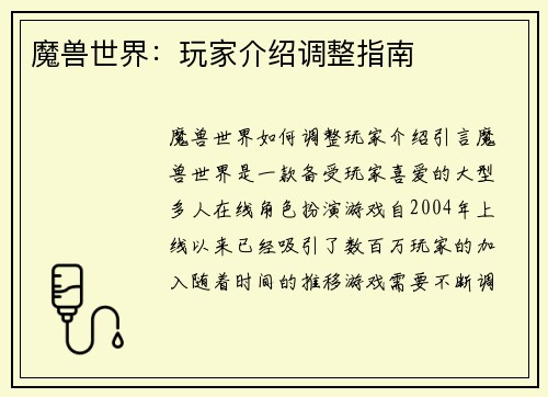 魔兽世界：玩家介绍调整指南